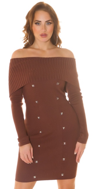 off-shoulder Knit Dress with Studs Brown